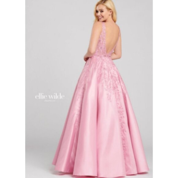 **Prom** Ellie Wilde Bedazzled Deep V-neck Satin A-line Gown - Picture 7 of 8